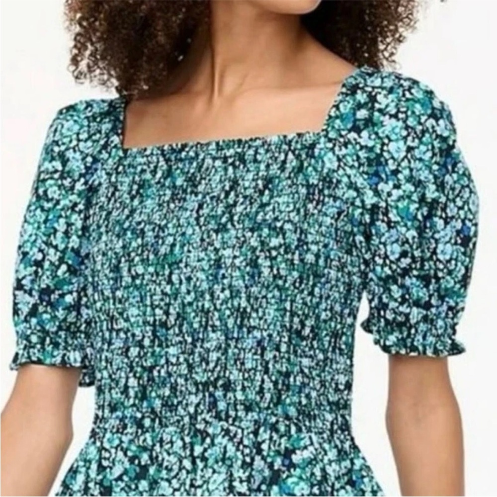 J. Crew Factory Floral Smocked Bodice Poplin Top Black Heritage Green Small - Picture 2 of 9